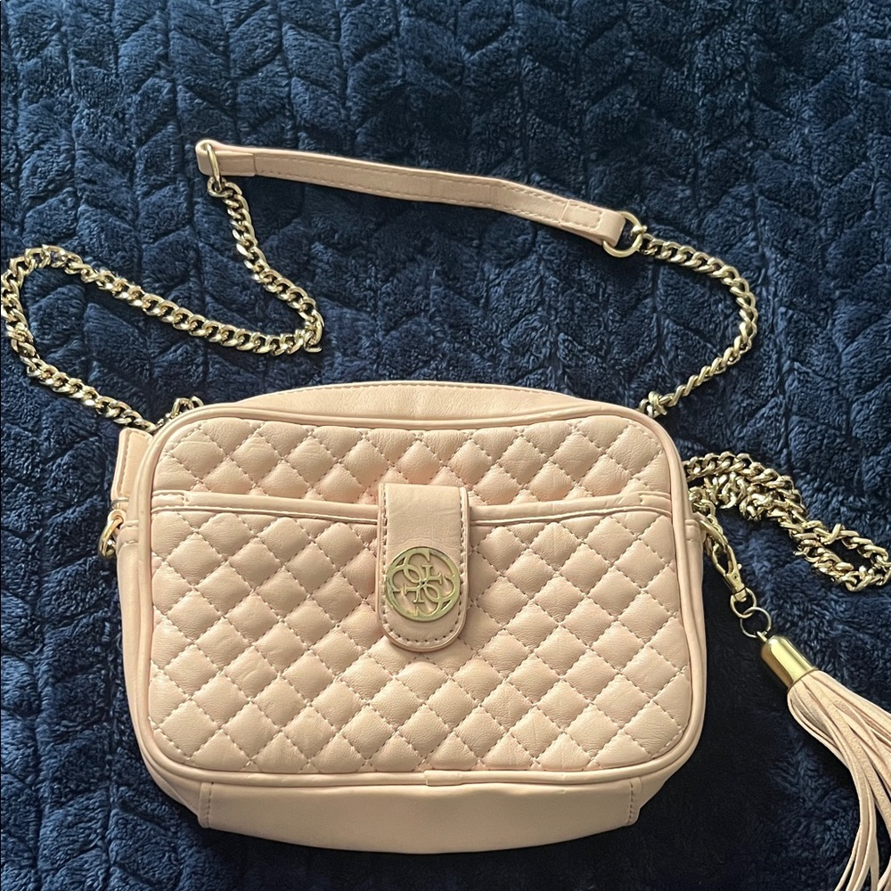 Guess Quilted Tan Crossbody Bag with Gold Chain